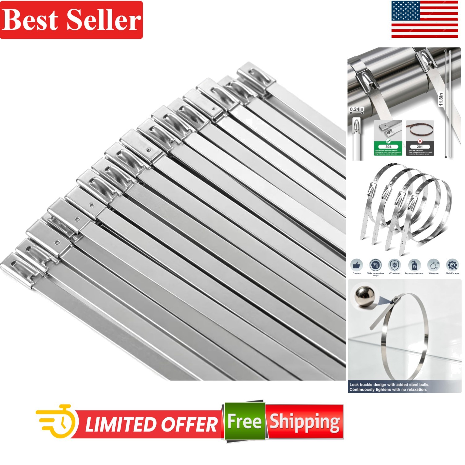 Metal Zip Ties 11.8 Inch 50 Pack Stainless Steel Heavy Duty Self-Locking for …