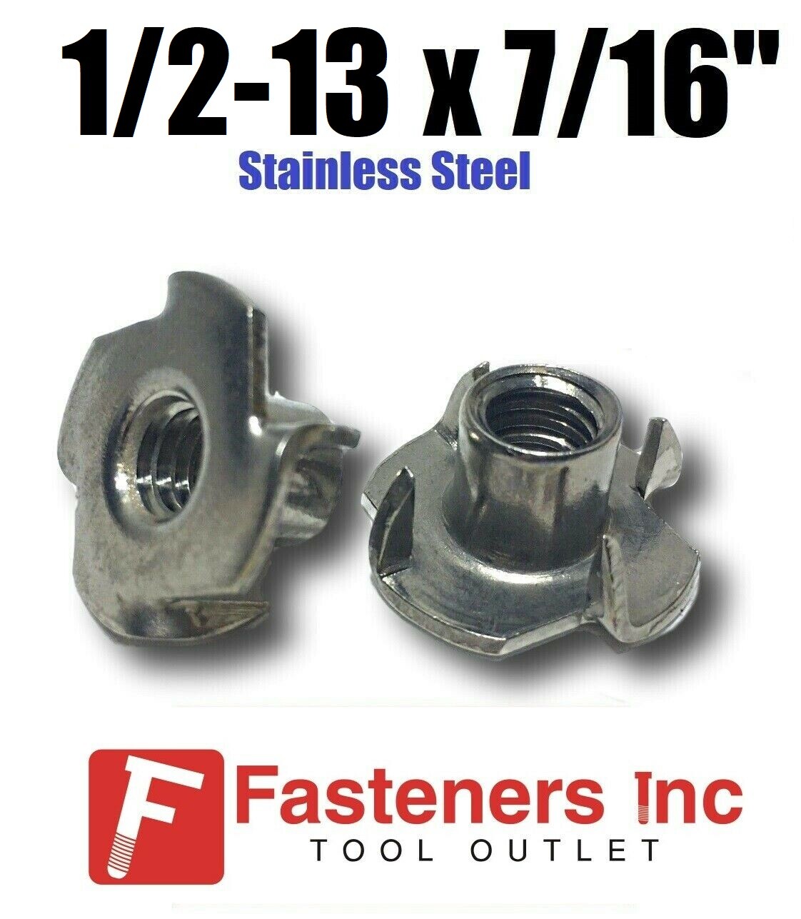 (CHOOSE QTY) 1/2-13 x 7/16″ Long Barrel Stainless Steel T-Nut Tee Nut 4-Prong