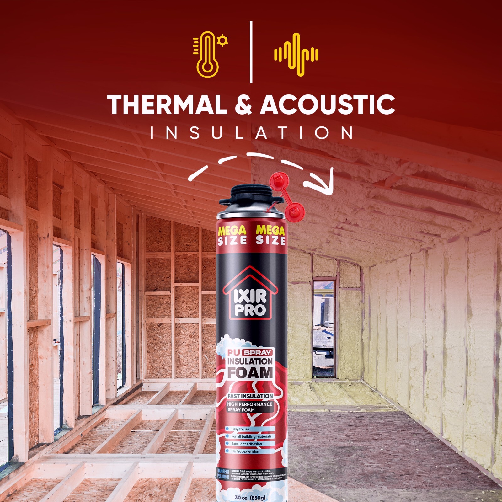 Spray Foam Insulation Can (12 x 30 oz. / 850 g) Expanding Sealant, High Density