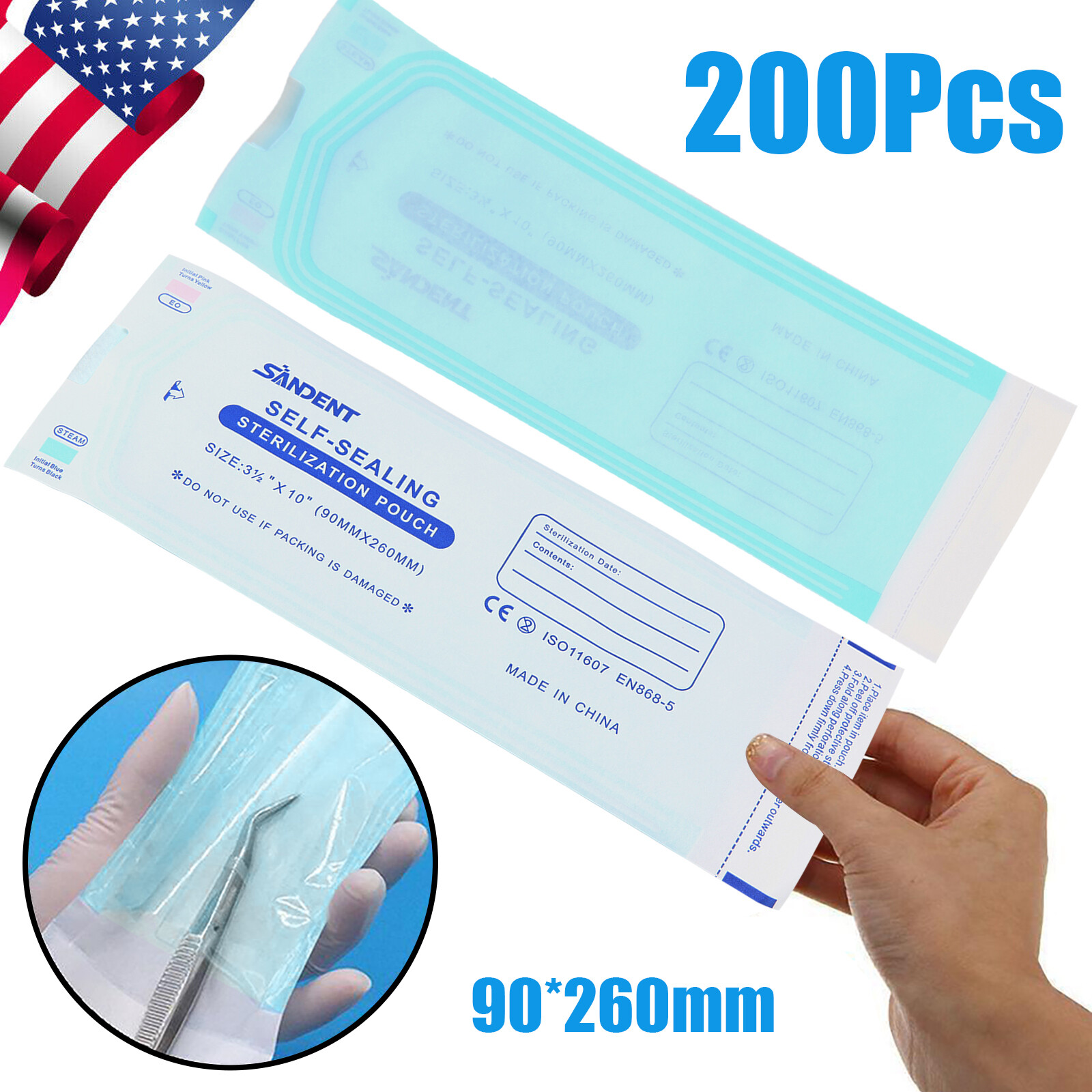 200Pcs/Box Dental Disposable Self-sealing Sterilization Pouches Autoclave 3.5*10