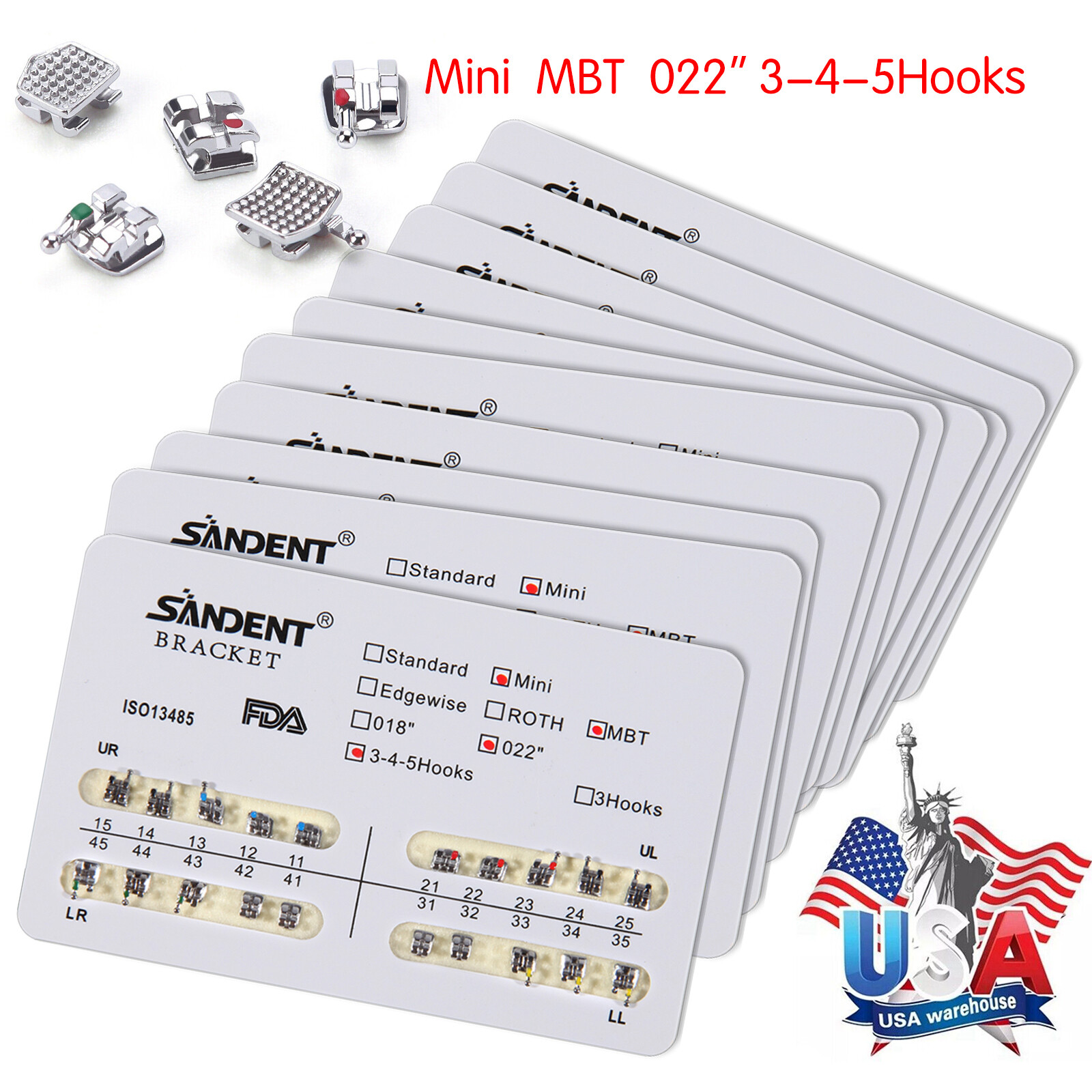 10 Packs Dental Orthodontic Metal Bracket Braces Mini Roth/MBT 022 3/345 Hooks A