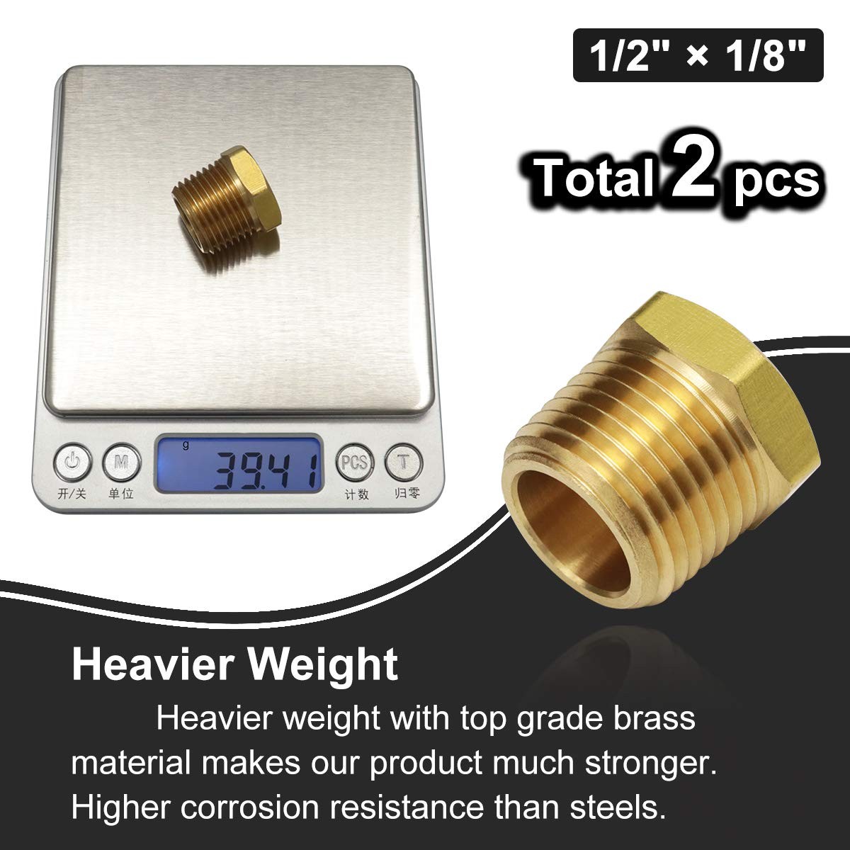 1/2 Inch NPT Male to 1/8 Inch NPT Female Reducing Brass Bushing Adapter – 2 Pack