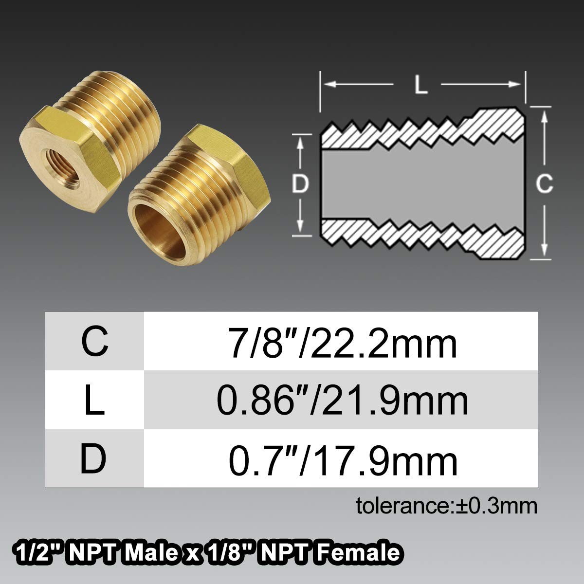 1/2 Inch NPT Male Thread to 1/8 Inch NPT Female Reducing Brass Pipe Fi