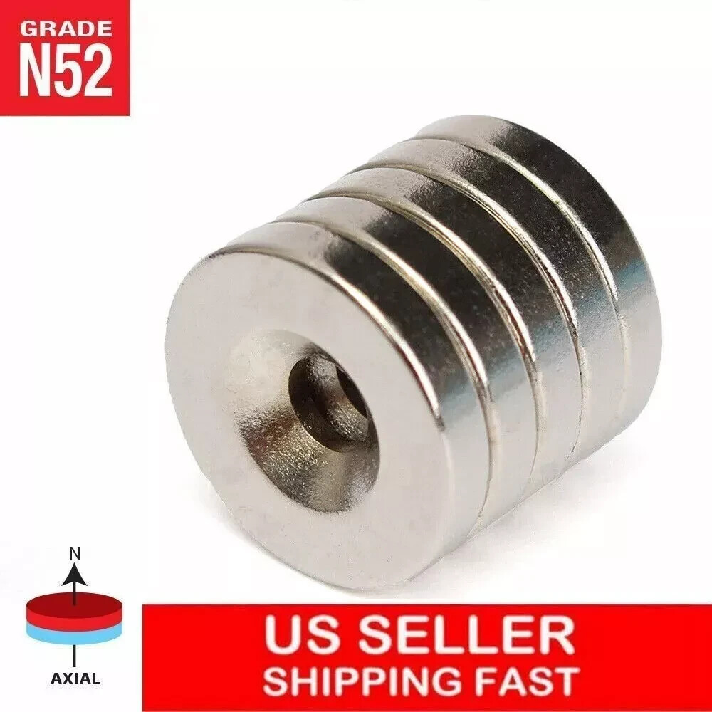 10 25 50 N52 Strong Countersunk Ring Magnets 1″ x1/8 ” Hole Rare Earth Neodymium