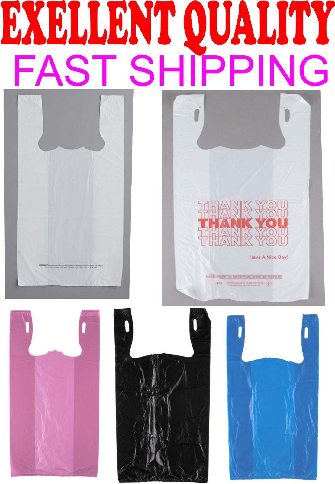 1/6 THANK YOU T-Shirt Bags 11.5″x6.5″x21″Plastic Shopping bags colors 100-1000