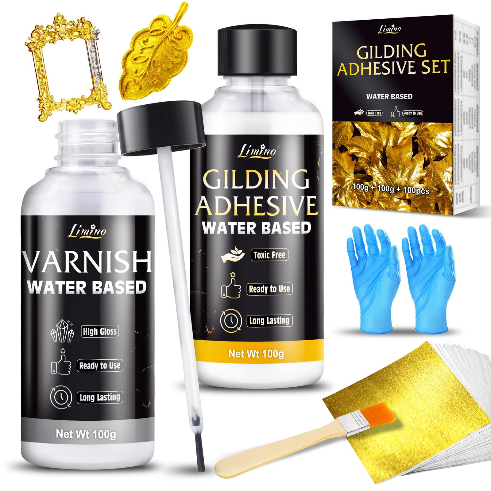 Gold Leaf Gilding Adhesive Kit – 3.5oz Water Based Glue and 3.5oz Varnish wit…