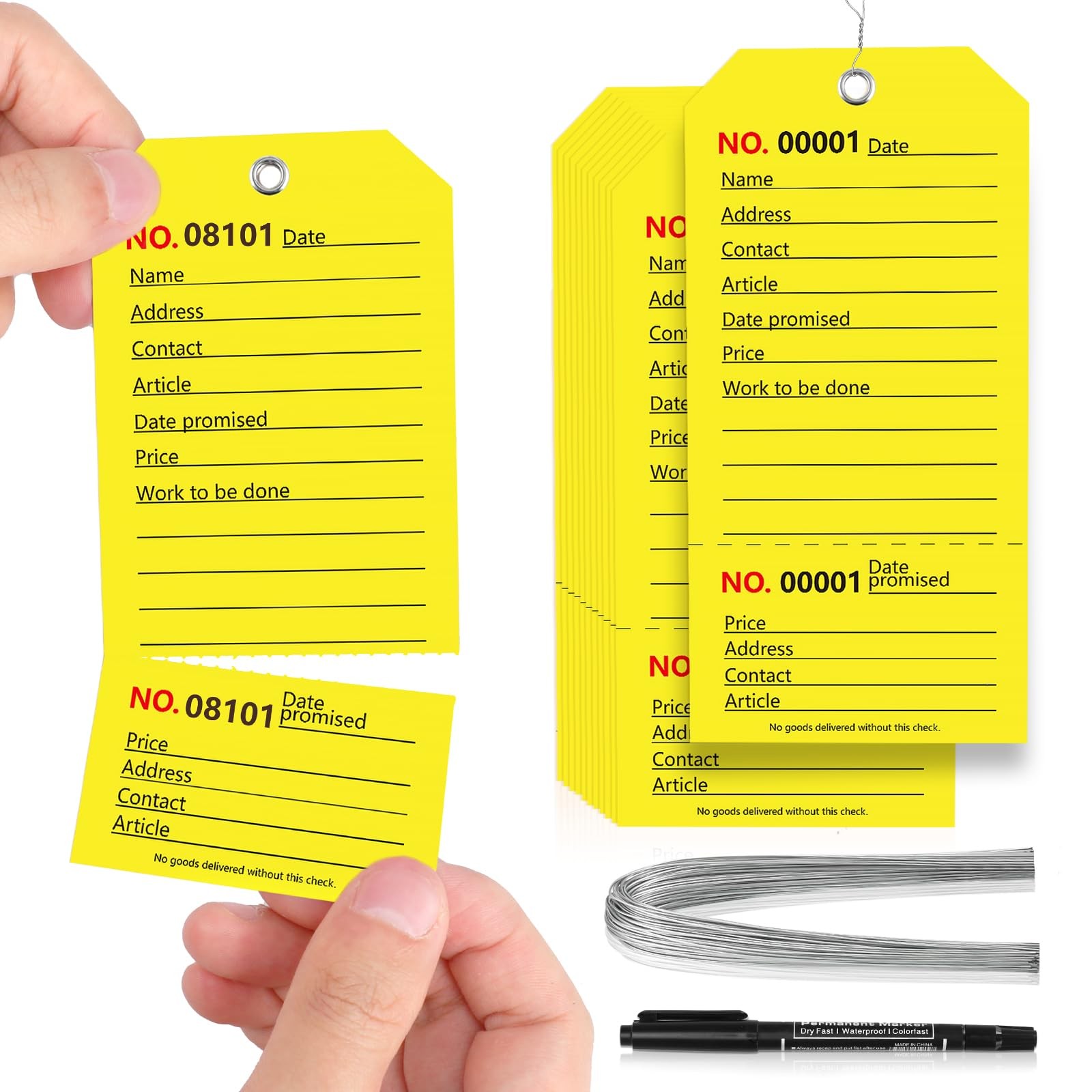 100 Pack Yellow Repair Tags with Wire Rope Service 2.6×5.25in,