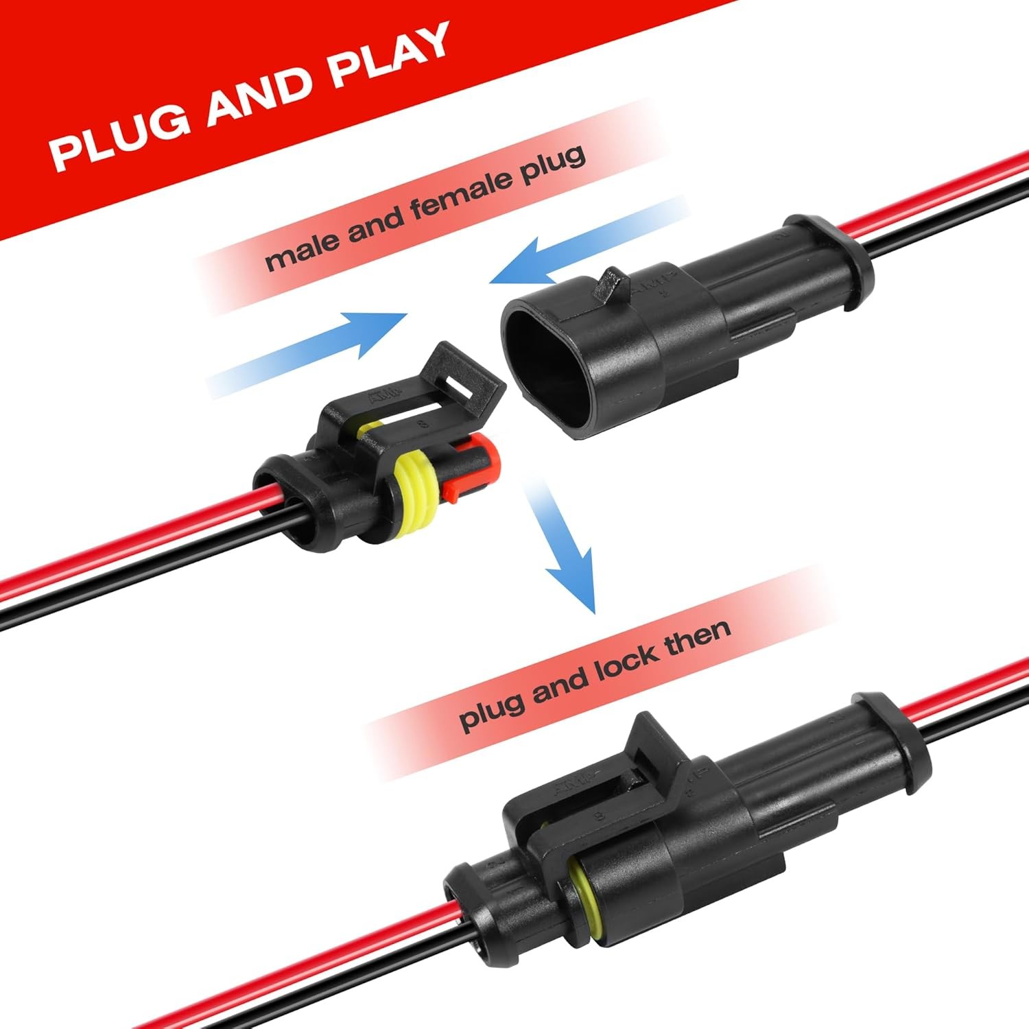 2Pin Way Car Waterproof Male Female Electrical Connector Plug Wire Kit Set Lot