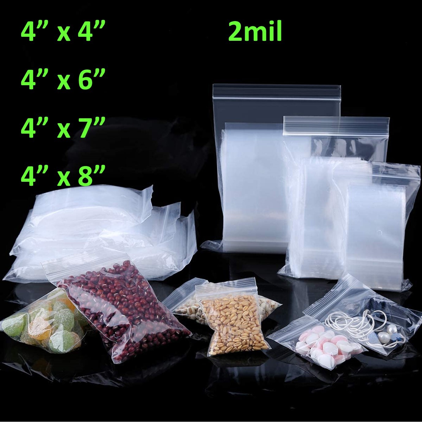 4″x 4, 6, 7, 8 Clear 2 Mil Plastic Zip Seal Bag Reclosable Top Lock 2Mil Baggies
