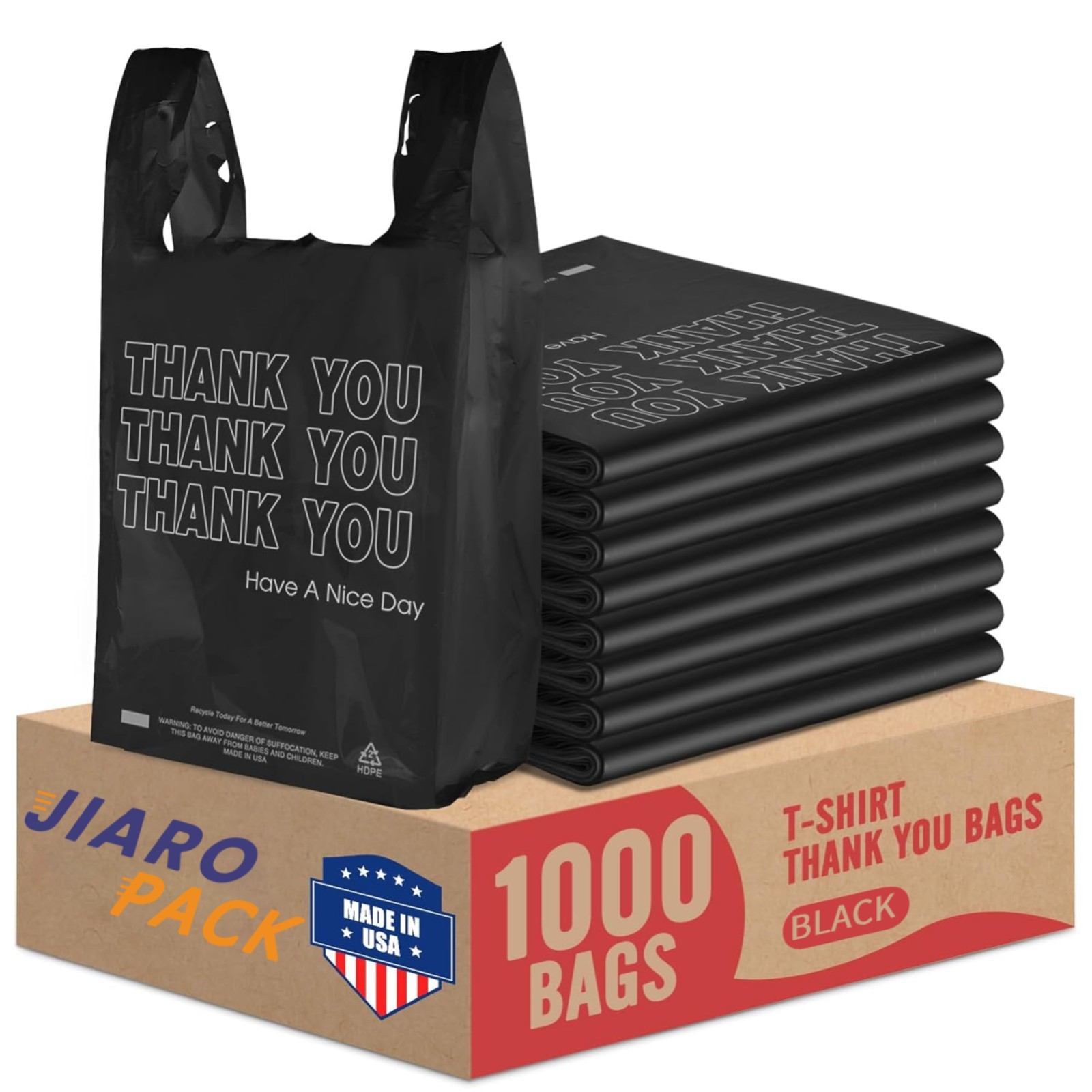 1000 Black Thank You T-Shirt Bags 12″ x 6.5″ x 21″ Plastic Grocery Shopping Bags