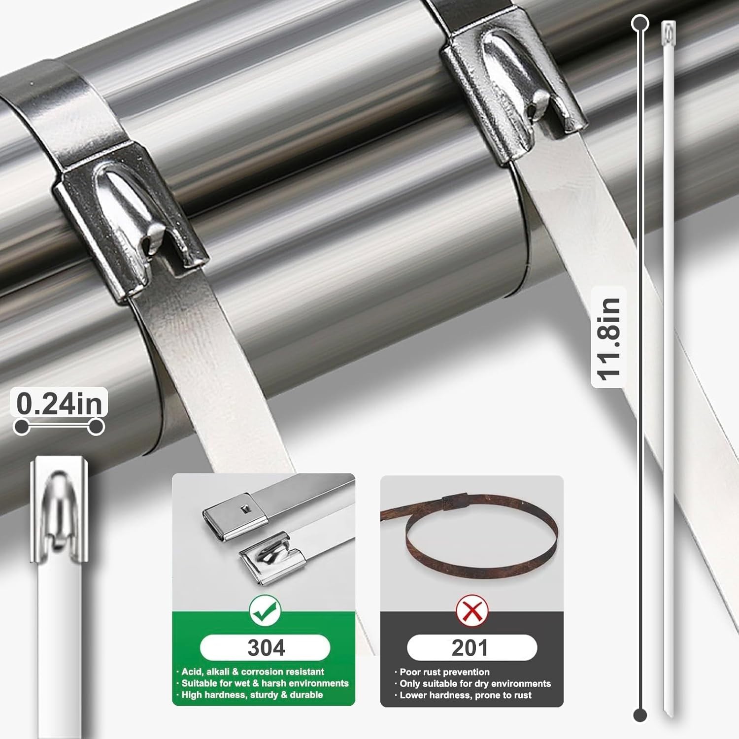 Metal Zip Ties 11.8 Inch 50 Pack Stainless Steel Heavy Duty Self-Locking for …