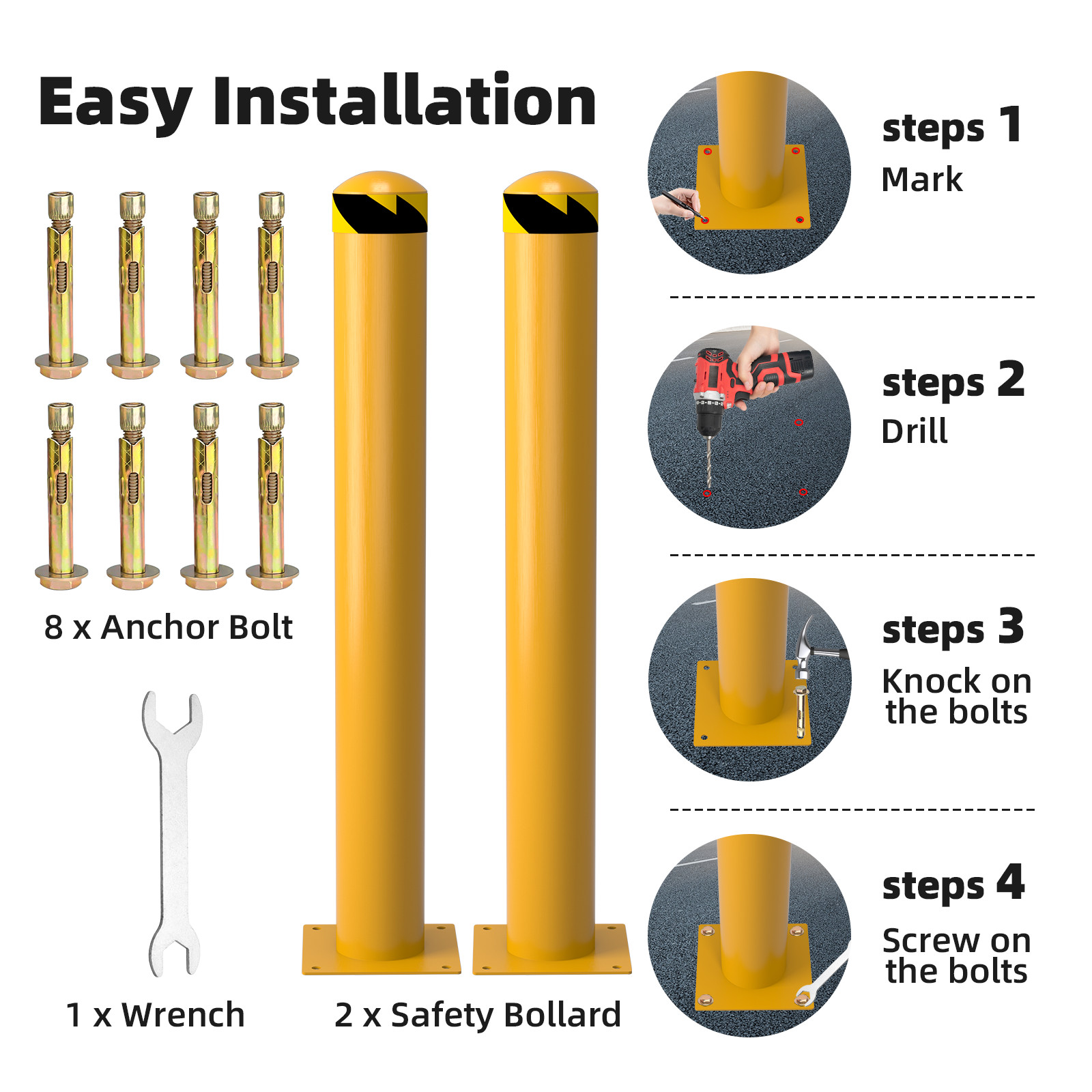 2PCS Outdoor Safety Bollard 42 Inch Yellow Q235 Steel Post Pipe Barrier