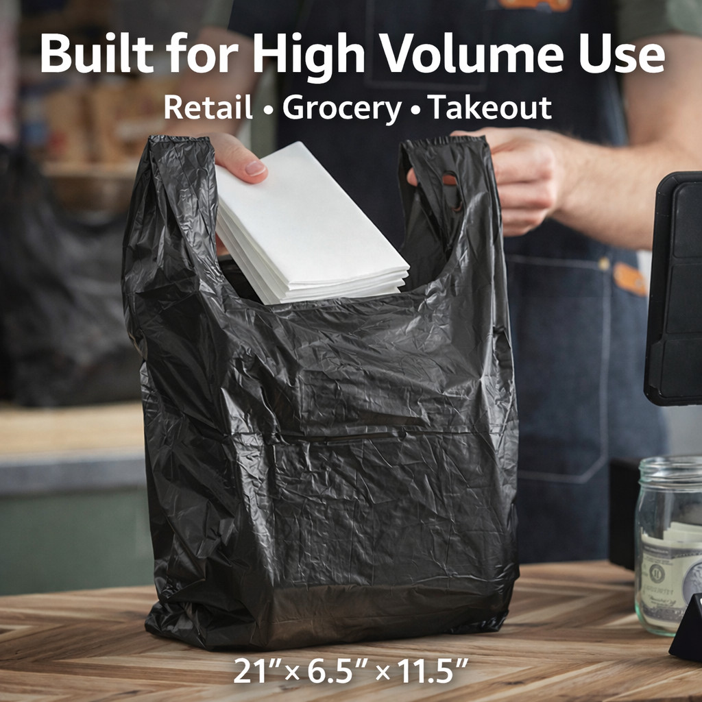 Bags 1/6 Large 21 x 6.5 x 11.5 BLACK T-Shirt Plastic Grocery Shopping Bags