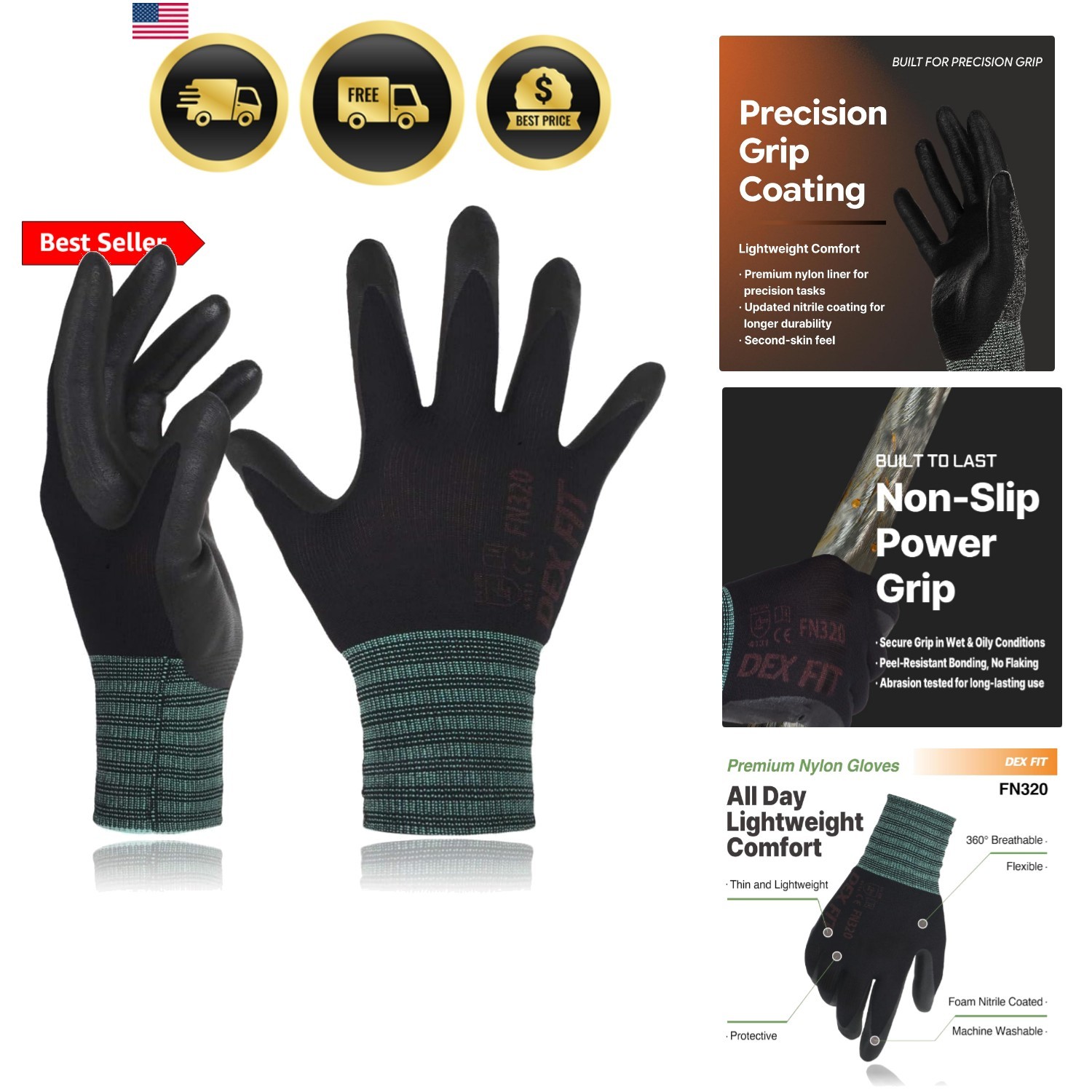 Nylon Work Gloves FN320, 3D Comfort Fit, Power Grip, Lightweight & Breathable…