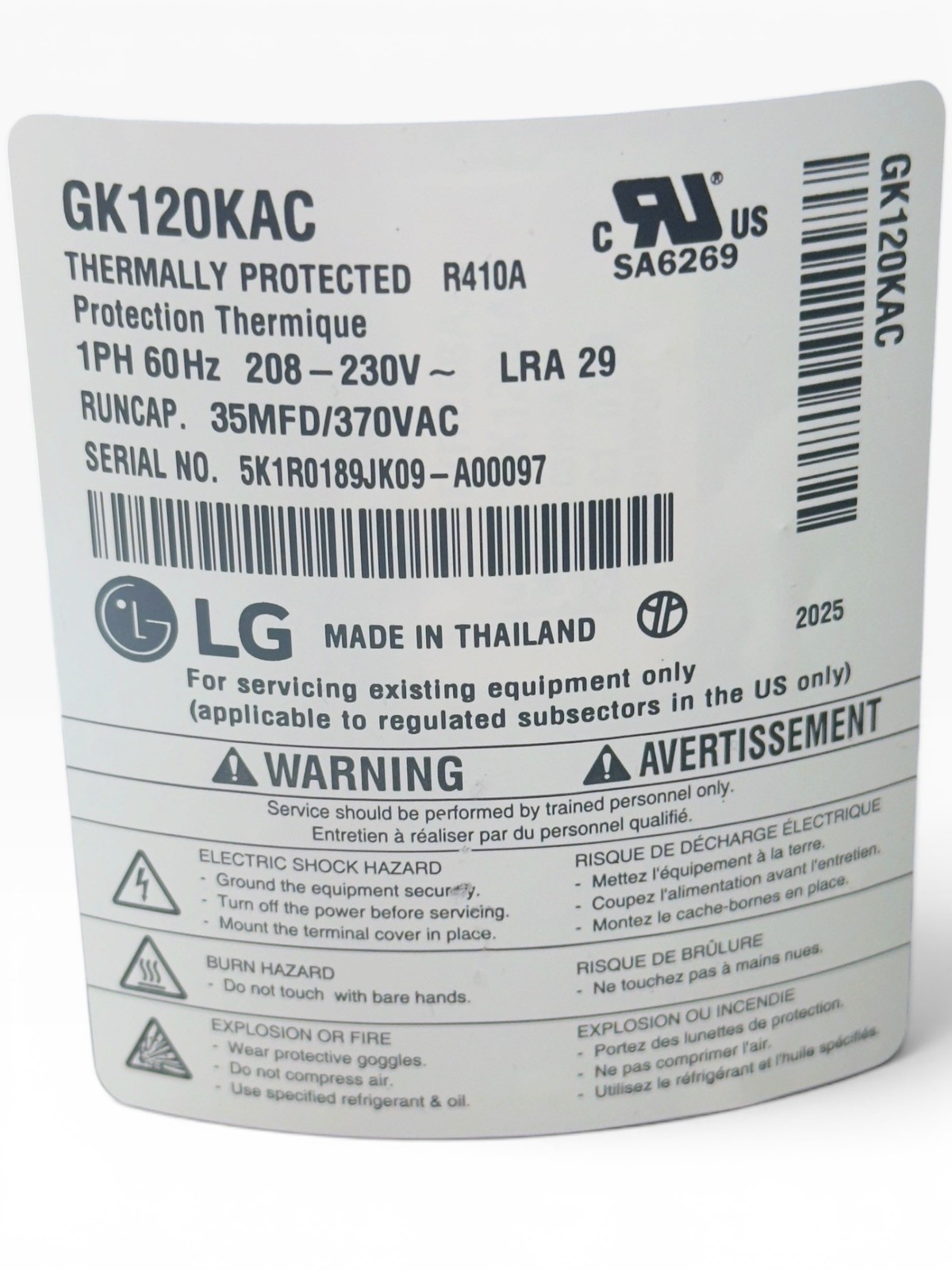 LG GK120KAC Rotary Compressor 12,000 BTU208-230V R410A Replacement for PTAC / AC