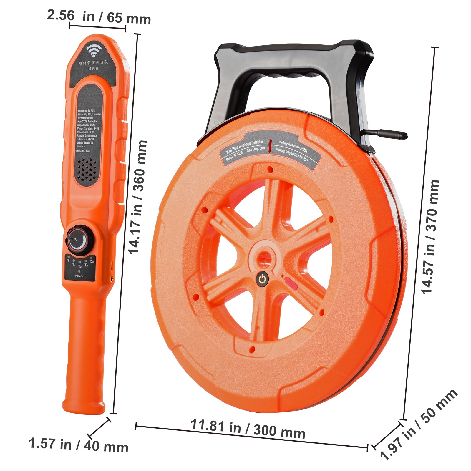 VEVOR Pipe Blockage Detector Locators 100ft/30m Waterproof for PVC Plastic Metal