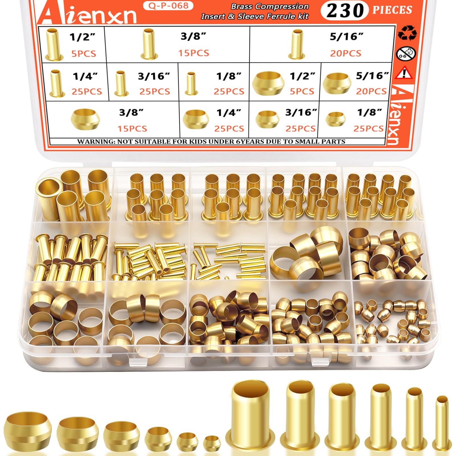 Brass Compression Sleeves Ferrules & Insert 230 PCS 1/8 to 1/2 inch