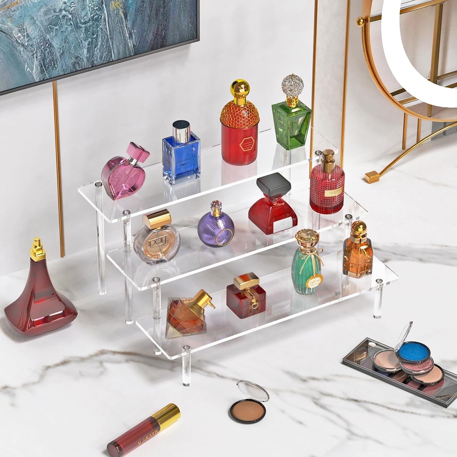 3 Tier Acrylic Display Risers Large Perfume Organizer Stand, Clear Cupcake Stand