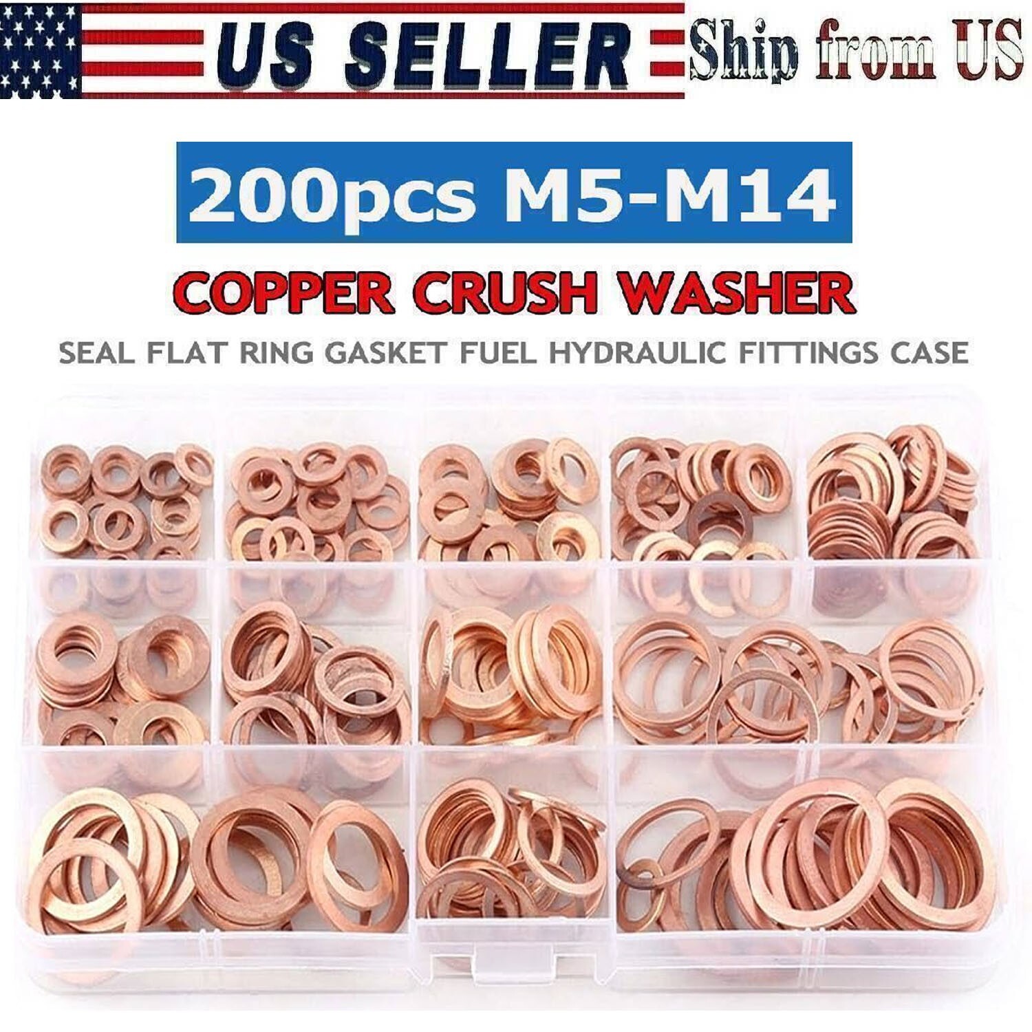 200PCS Solid Copper Crush Washer Gasket Set Flat O-Ring Seal Assortment Kits US