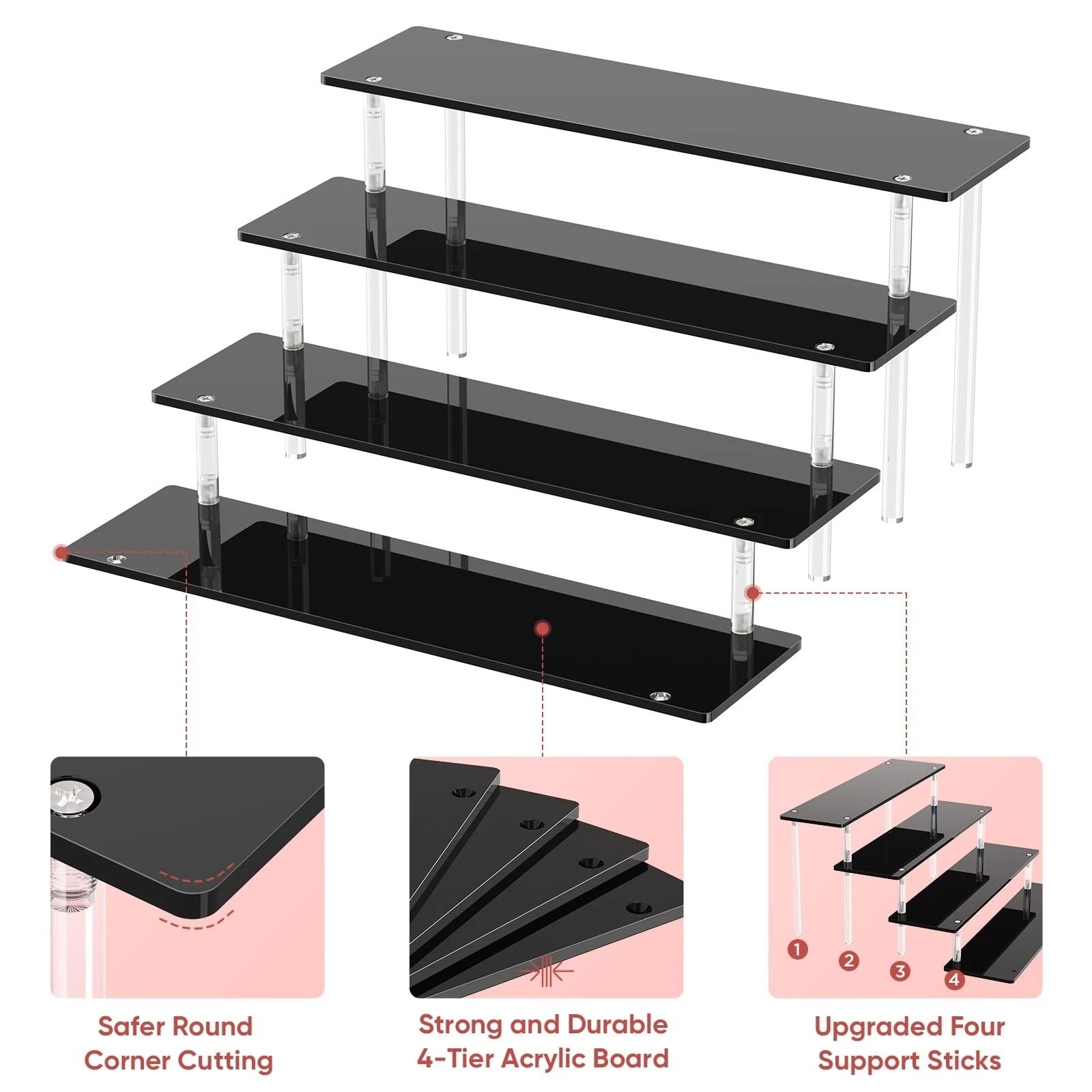 4 Tier Acrylic Display Risers, Black Perfume Organizer Stand, Large