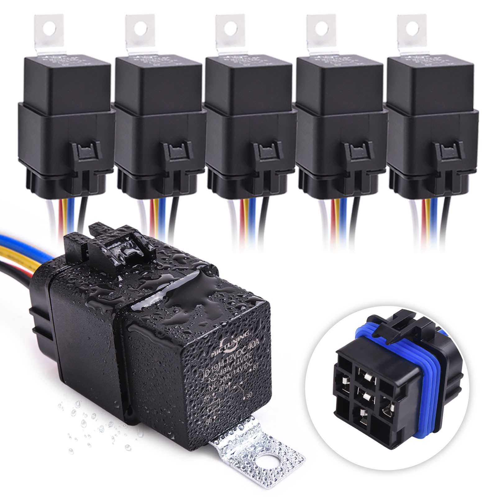 5 Pack Waterproof 12V 30/40A SPDT Relays, 14 AWG Harness & 5-Pin Hot Wire Set