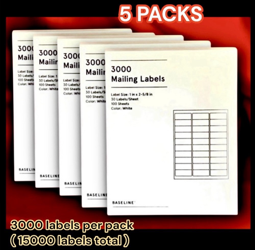 5 PACKS Baseline Blank Address Mailing Labels 3000 Per Pack Size 1”x 2-5/8″