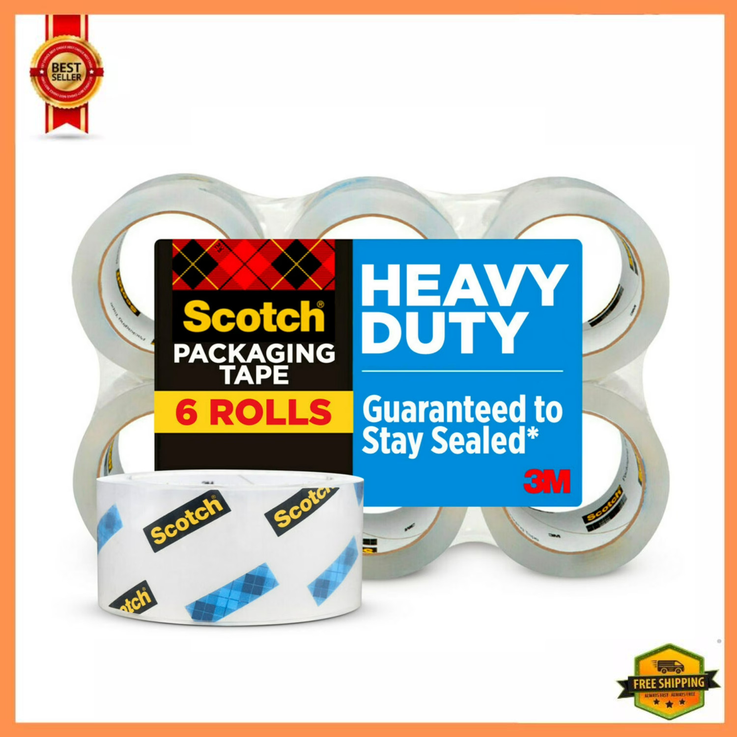Scotch Heavy Duty Packaging Tape, 3″ Core, Clear, 1.88″ x 54.6 yds, 6 Rolls