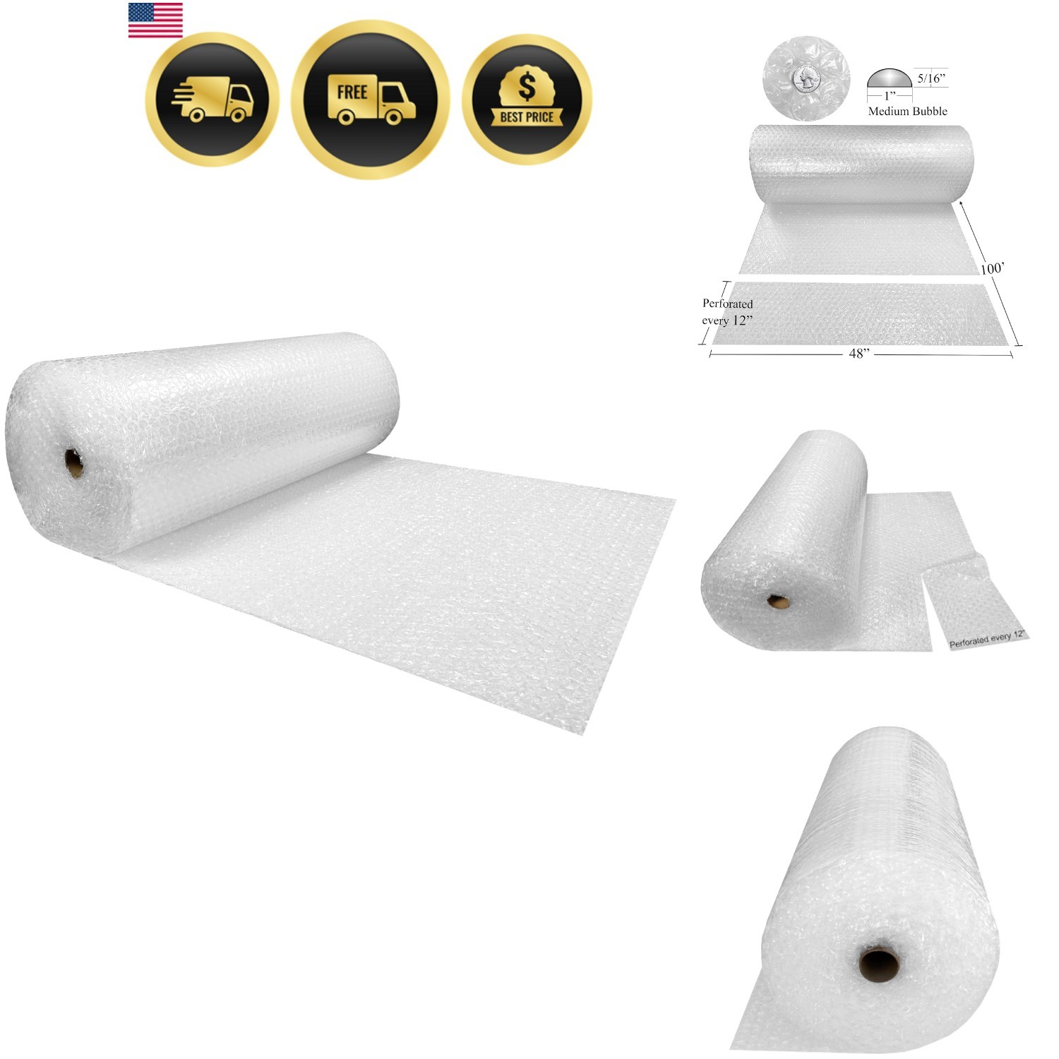 Bubble Cushioning Wrap Roll 48″ Wide x 100 ft – Medium Bubbles 5/16″, Clear