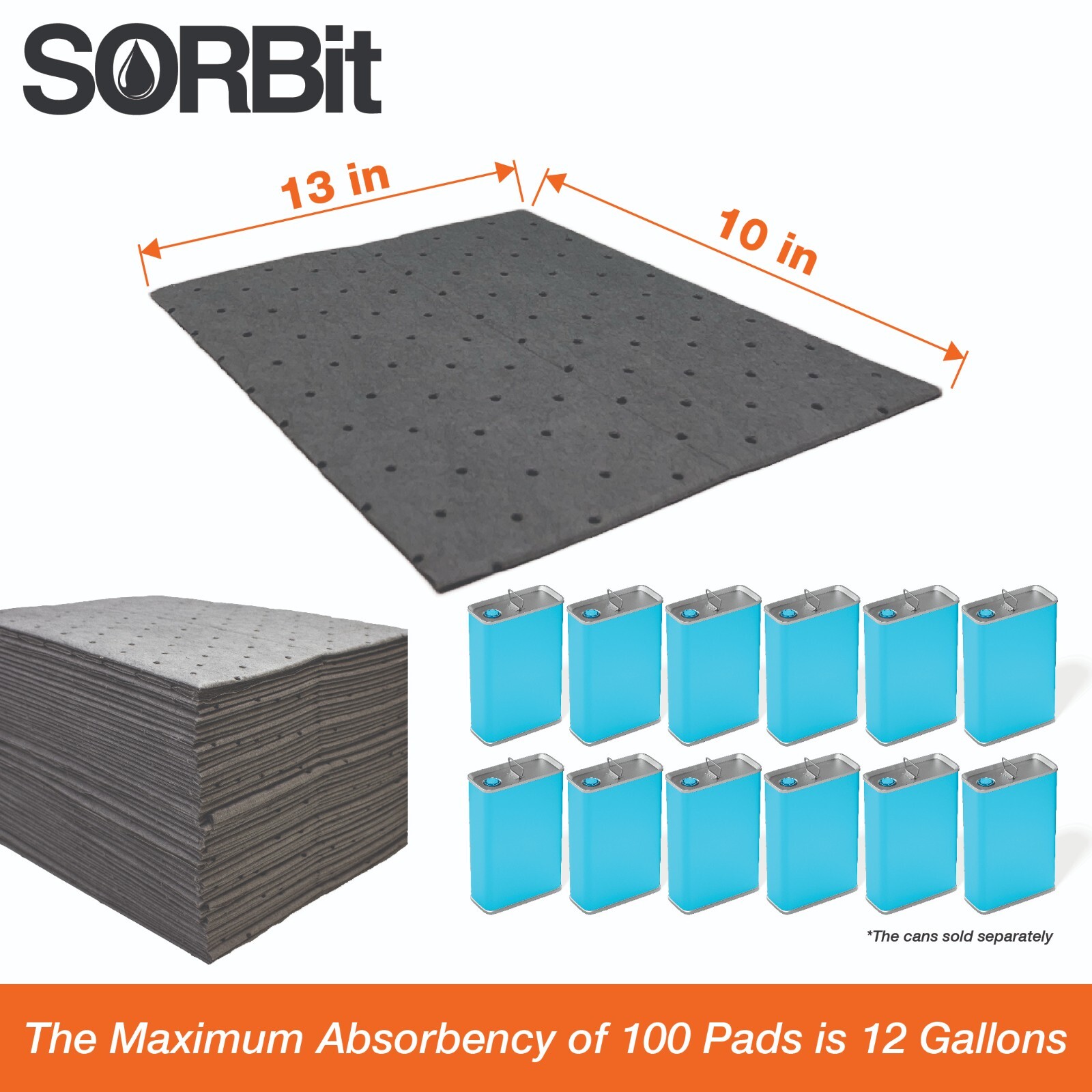Heavyweight Universal Oil-Absorbing Pads (Grey) 10 inch x 13 inch – Pack of 100