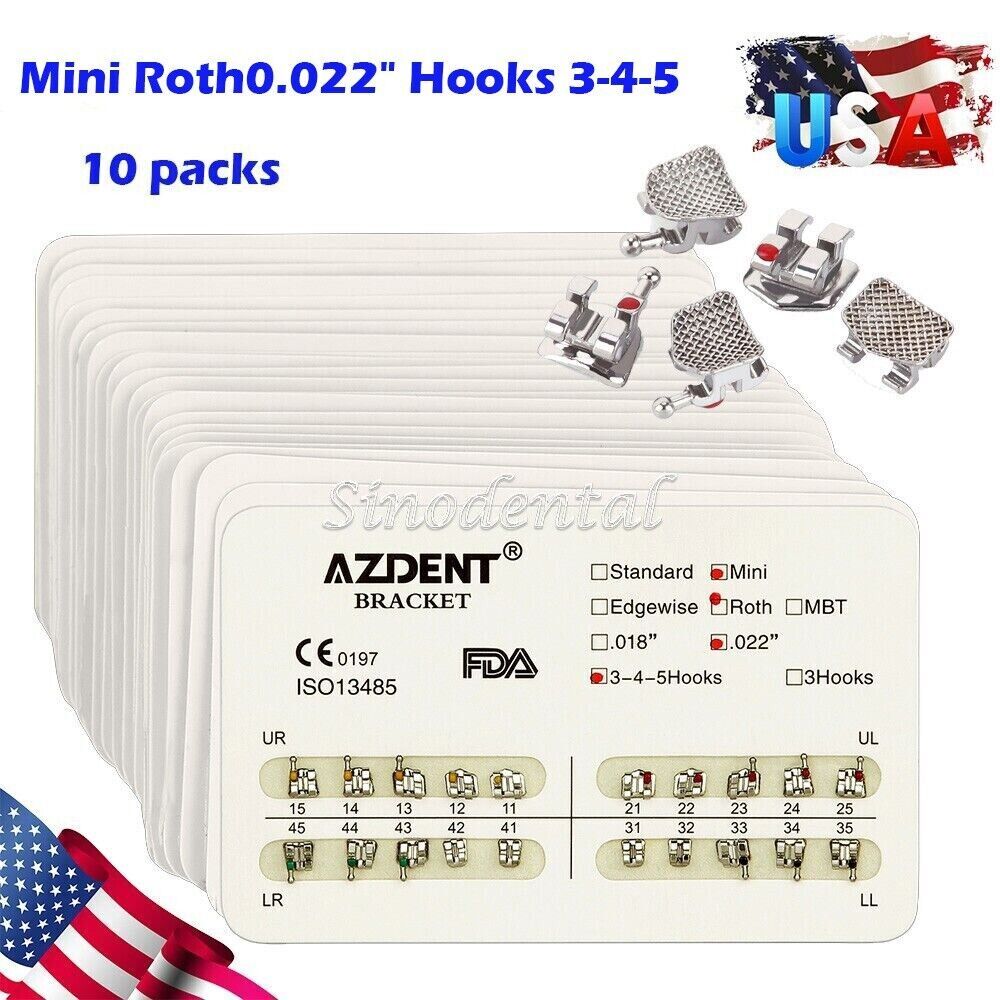 10kits Dental Brackets Braces Orthodontic Mini Roth0.022″ Hooks 3-4-5