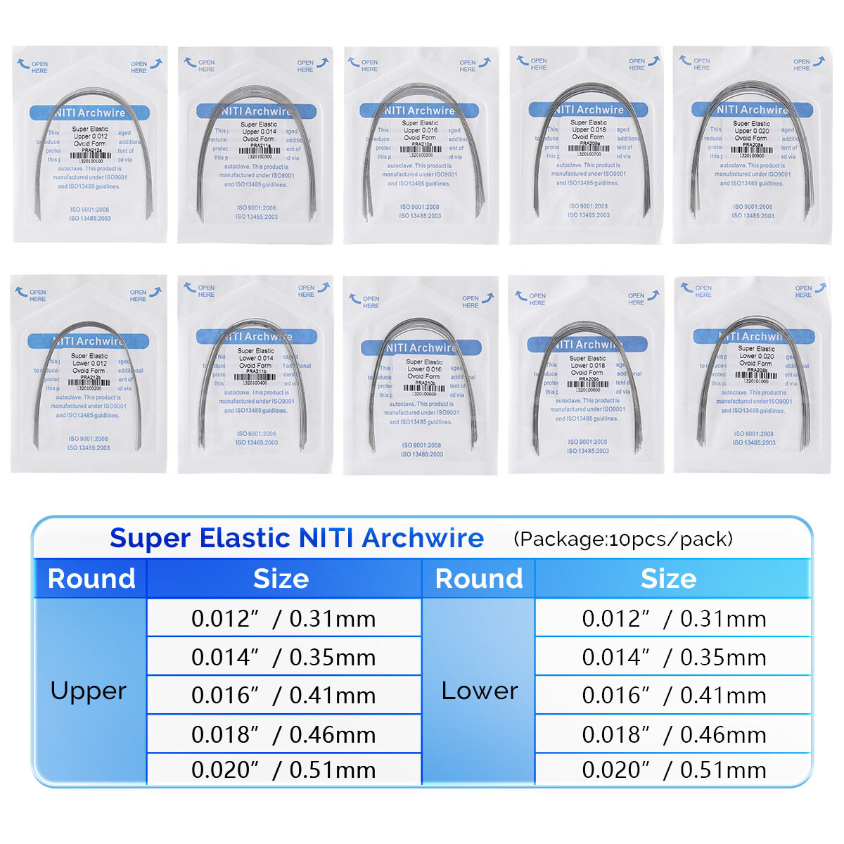 100X AZDENT Dental Ortho Arch Wires Super Elastic Niti Round 012~020 Upper&Lower