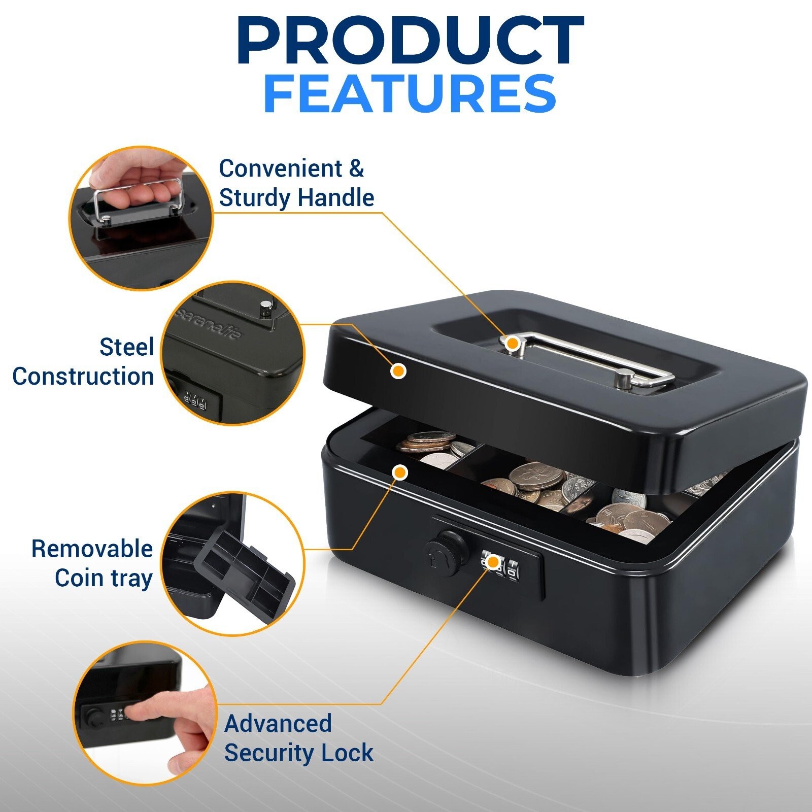SereneLife 8″ Metal Cash Box w/ Lock, Cash Safe w/ Money Tray & Secure Lock