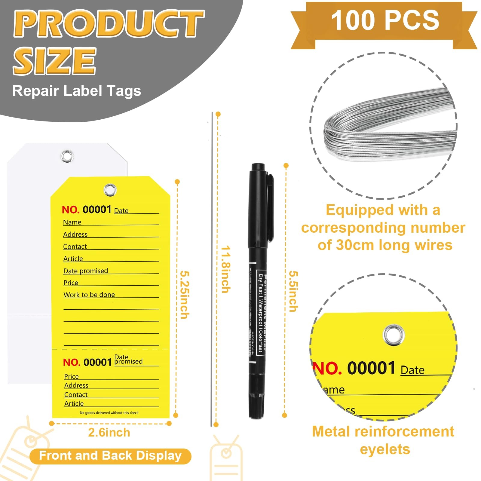 100 Pack Yellow Repair Tags with Wire Rope Service 2.6×5.25in,