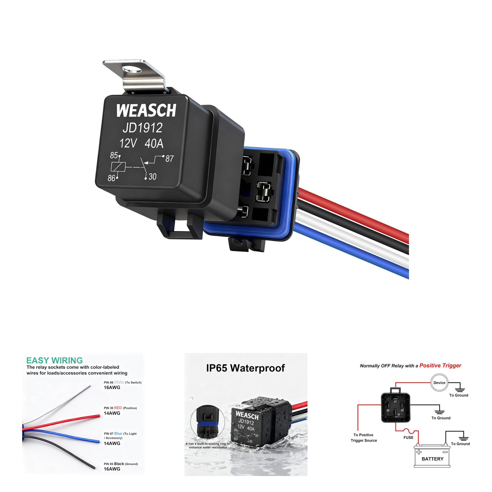 Waterproof Automotive Relay Kit 12V 40A 4 Pin SPST Heavy Duty 14 AWG Copper