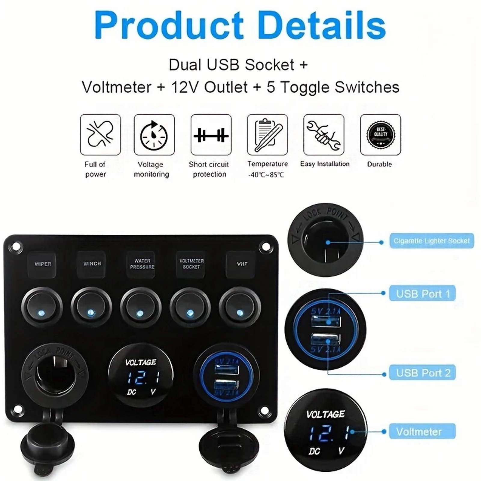 5-Switch 12V Electrical Panel – Voltmeter, Dual USB for RV, Truck & Boat