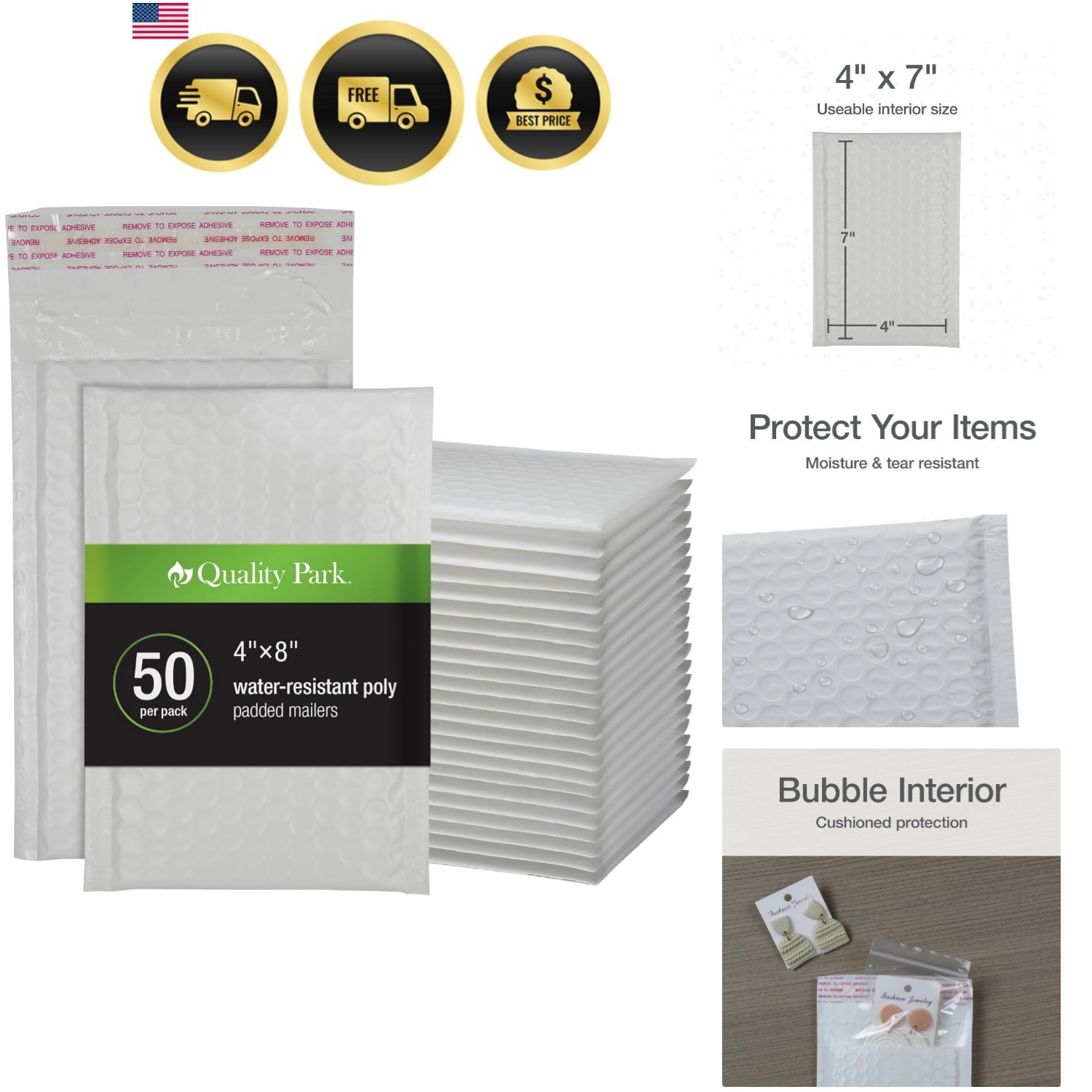Bubble Mailers, 4 x 8 Shipping Envelopes, Self-Seal, Durable White Padded Env…