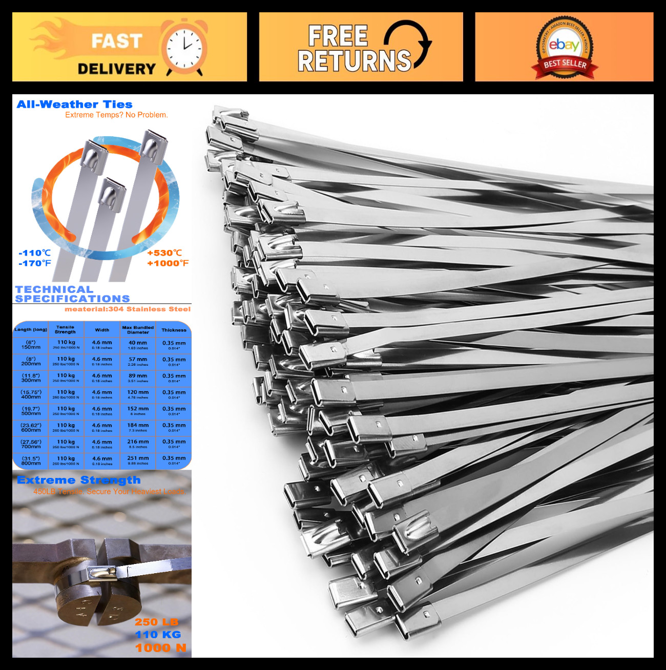 100 Pcs Heavy Duty Metal Zip Ties – 16″ Stainless Steel Cable Ties for Auto Repa