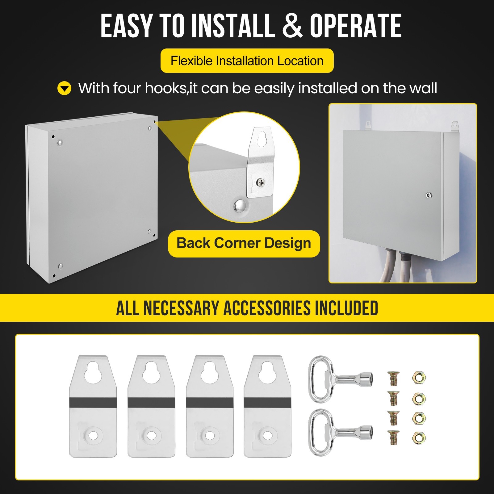 16″Lx20″Hx8″W, IP66 Steel Electrical Enclosure Box with Lock & Waterproof Seal