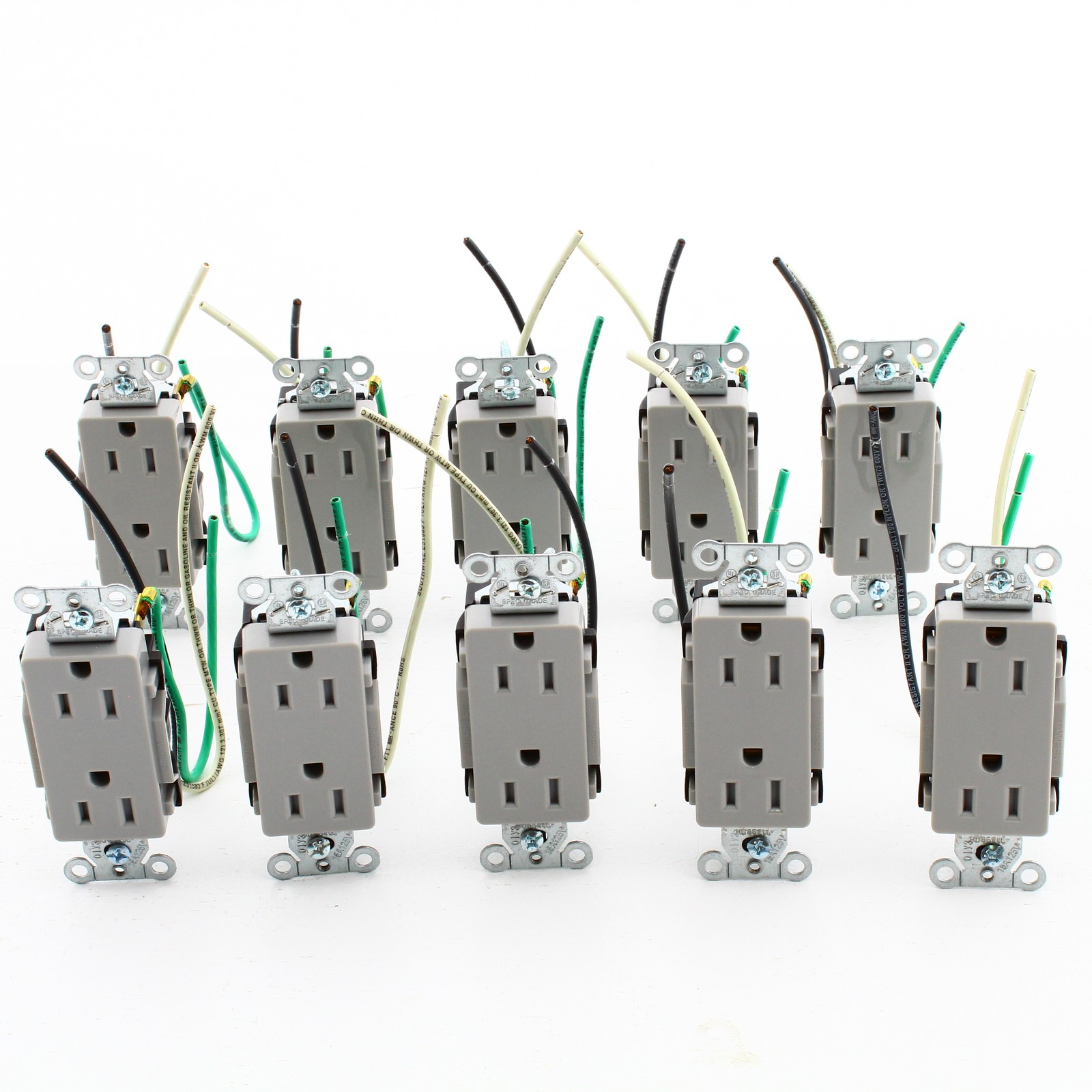 10 Hubbell Gray 15A TR Decorator Outlets 5-15 w/ 6.5″ Stranded Leads DR15GRYTRP2
