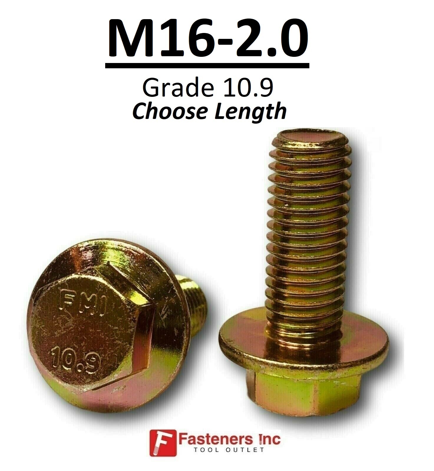 M16-2.0 x (Choose Length) Grade 10.9 Metric Flange Bolts Yellow Zinc Hardened